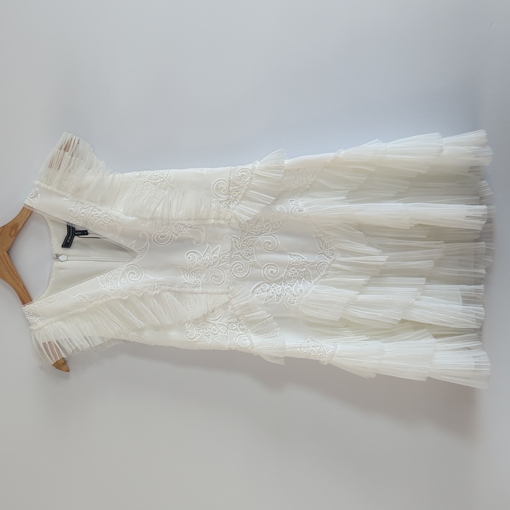 BCBGMaxAzria Ivory Tiered Ruffle V-Neck Dress